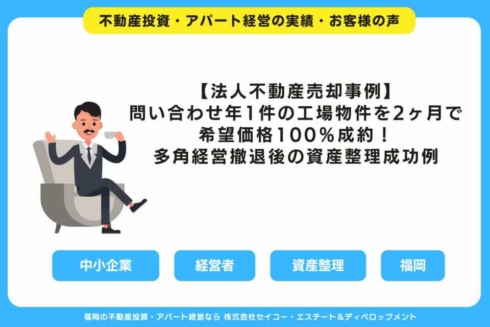 【法人不動産売却事例】問い合わせ年1件の工場物件を2ヶ月で希望価格100％成約｜福岡・多角経営撤退後の資産整理成功例 福岡の不動産投資・アパート経営・新築一棟アパート建築・工務店ならセイコーエステート＆ディベロップメント｜福岡の不動産投資・アパート経営の成功事例・お客様の声