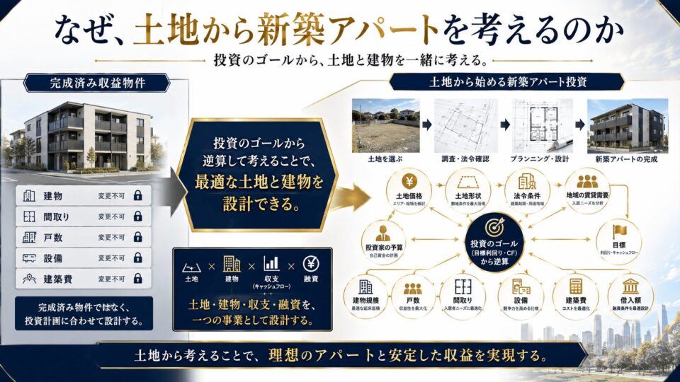 なぜ、土地から新築アパートを考えるのか
投資のゴールから、土地と建物を一緒に考える。