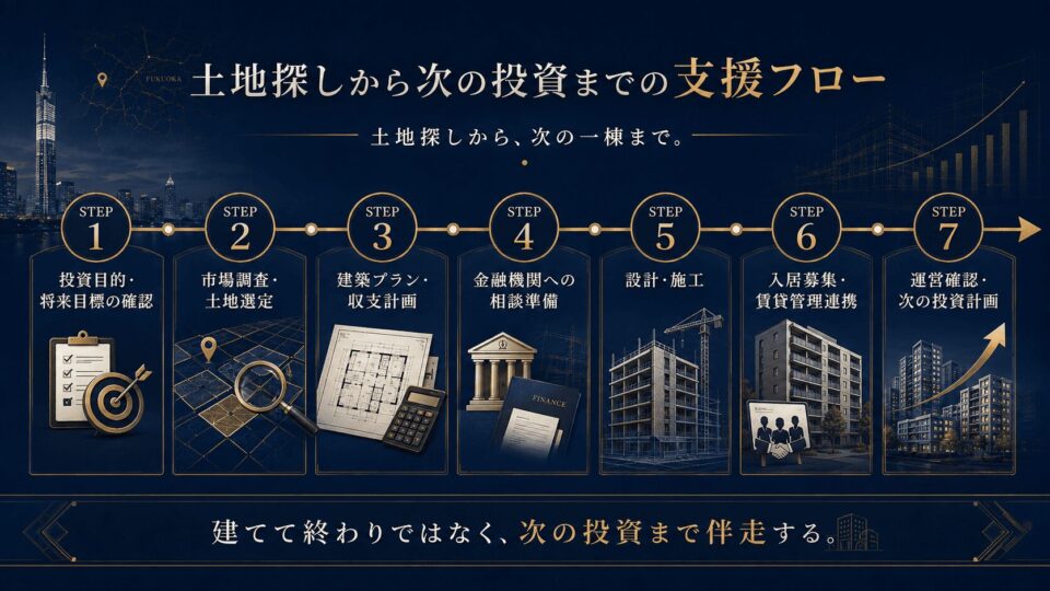 土地探しから次の投資までの支援フロー