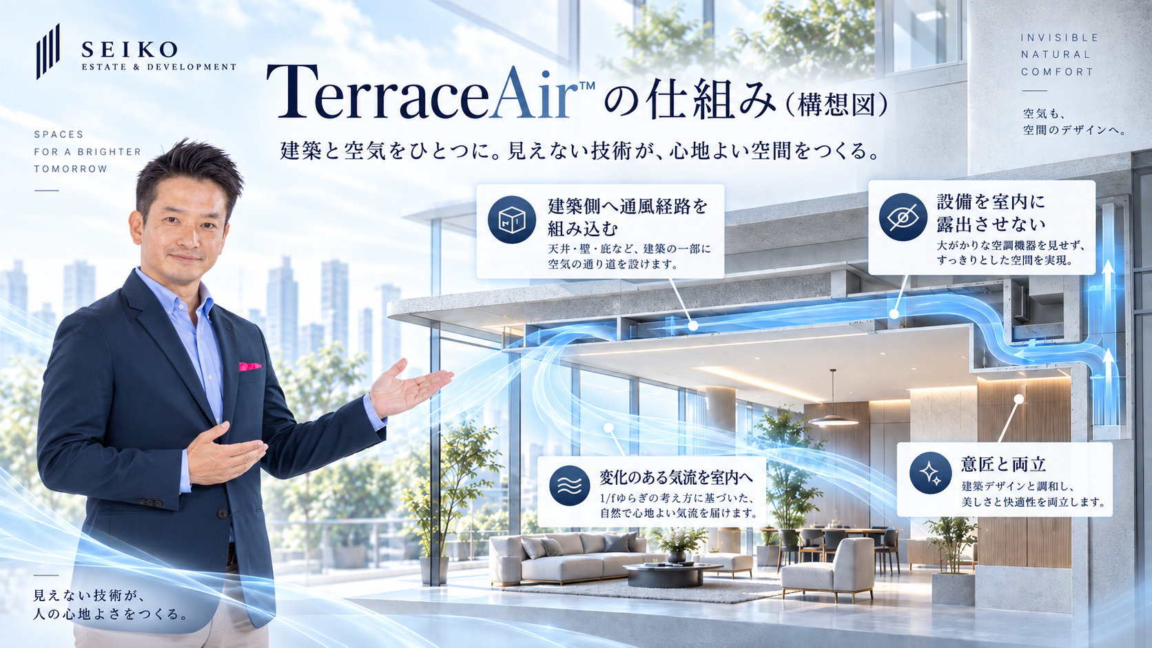 建築側へ通風経路を組み込み、設備を目立たせず変化のある気流を届けるTerraceAirの仕組み